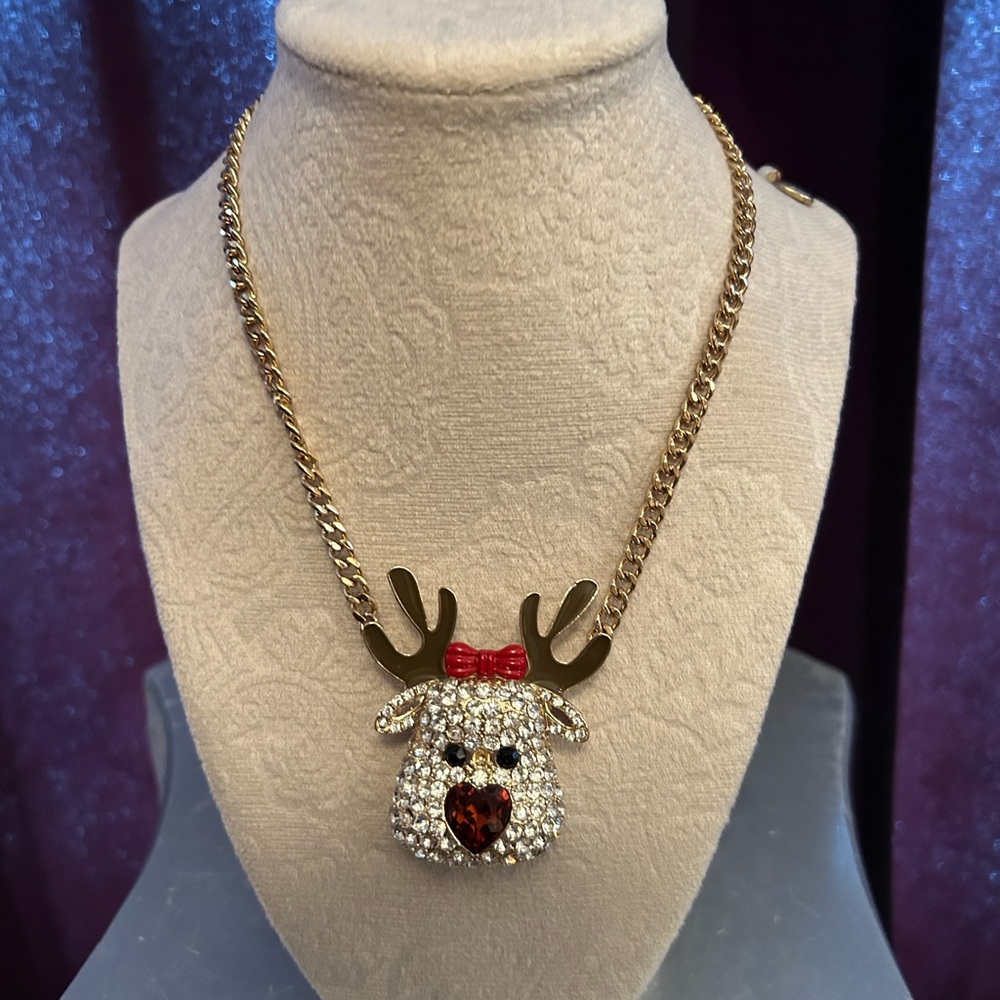 Gold Reindeer Rhinestone Pendant Necklace